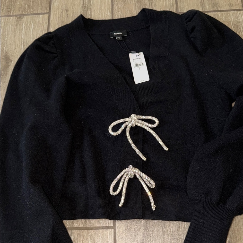 NWT Black Express Sweater with Silver Bow Button Closure